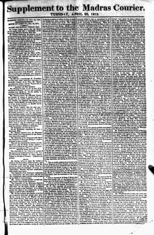 cover page of Madras Courier published on April 25, 1815