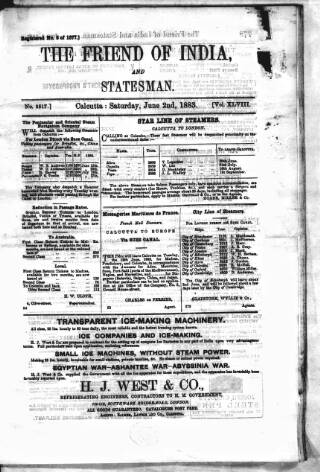 cover page of Friend of India and Statesman published on June 2, 1883