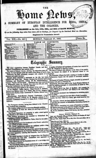 cover page of Home News for India, China and the Colonies published on February 27, 1865