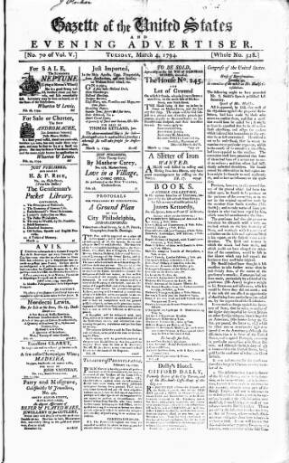 cover page of Gazette of the United States published on March 4, 1794
