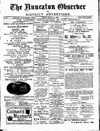 cover page of Nuneaton Observer published on June 2, 1882