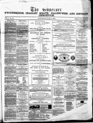 cover page of Cradley Heath & Stourbridge Observer published on June 3, 1865
