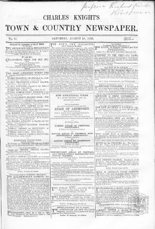 cover page of Charles Knight's Town & Country Newspaper published on August 18, 1855