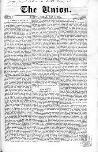 cover page of Union published on May 9, 1862