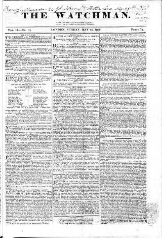 cover page of Watchman published on May 25, 1828
