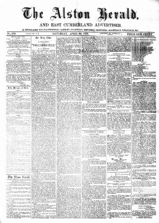 cover page of Alston Herald and East Cumberland Advertiser published on April 26, 1879