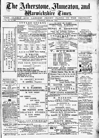 cover page of Atherstone, Nuneaton, and Warwickshire Times published on April 26, 1884