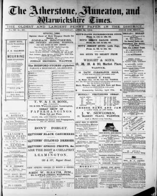 cover page of Atherstone, Nuneaton, and Warwickshire Times published on April 24, 1886