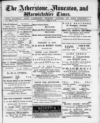 cover page of Atherstone, Nuneaton, and Warwickshire Times published on April 28, 1888
