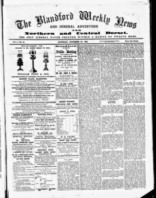 cover page of Blandford Weekly News published on November 28, 1885