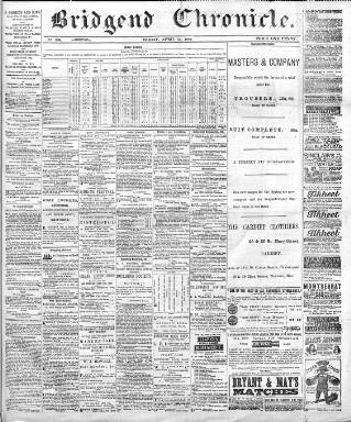 cover page of Bridgend Chronicle, Cowbridge, Llantrisant, and Maesteg Advertiser published on April 25, 1884