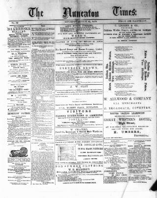 cover page of Nuneaton Times published on August 21, 1875
