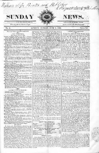 cover page of Sunday News published on June 8, 1823