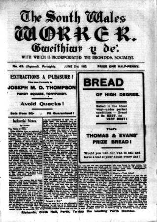 cover page of Rhondda Socialist Newspaper published on June 21, 1913