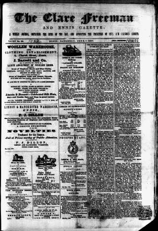 cover page of Clare Freeman and Ennis Gazette published on June 1, 1867