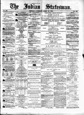 cover page of Indian Statesman published on April 28, 1874