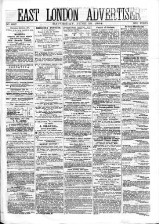 cover page of East London Advertiser published on June 25, 1864