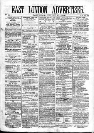 cover page of East London Advertiser published on August 13, 1864