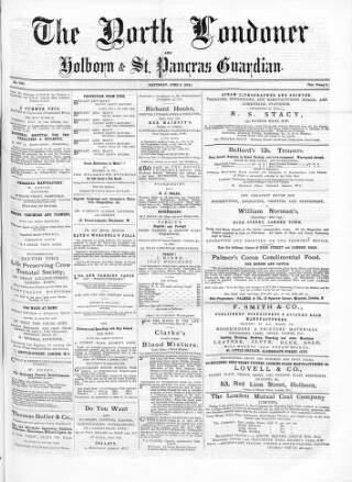 cover page of North Londoner published on June 6, 1874