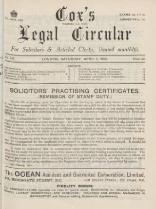 cover page of Cox's Legal Circular published on April 1, 1916