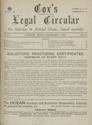 cover page of Cox's Legal Circular published on December 1, 1916