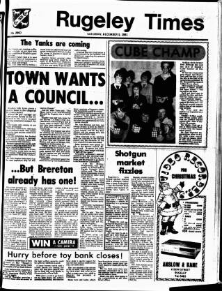 cover page of Rugeley Times published on December 5, 1981