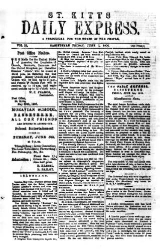cover page of St. Kitts Daily Express published on June 1, 1906