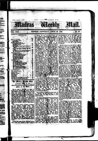 cover page of Madras Weekly Mail published on April 29, 1876
