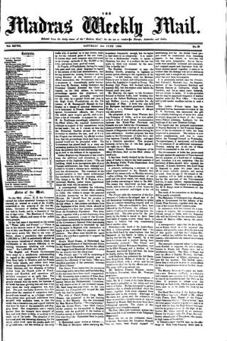 cover page of Madras Weekly Mail published on June 2, 1888