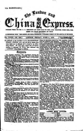 cover page of London and China Express published on June 2, 1876