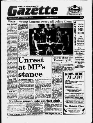cover page of Ruislip & Northwood Gazette published on December 5, 1990