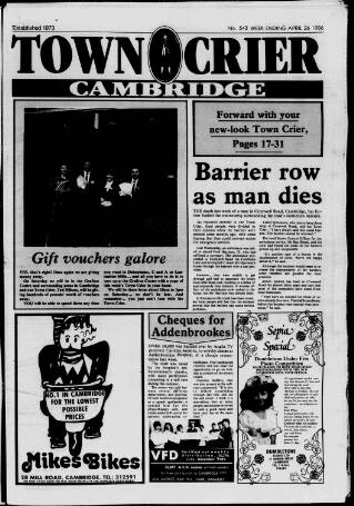 cover page of Cambridge Town Crier published on April 26, 1986