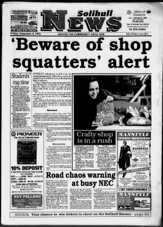 cover page of Solihull News published on December 4, 1992