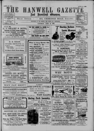 cover page of Hanwell Gazette and Brentford Observer published on April 24, 1909