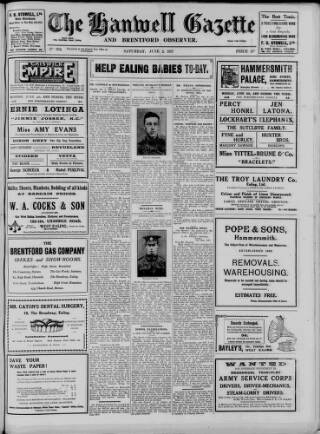 cover page of Hanwell Gazette and Brentford Observer published on June 2, 1917