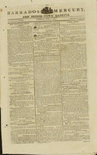 cover page of Barbados Mercury and Bridge-town Gazette published on June 2, 1821