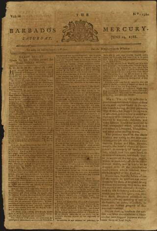 cover page of Barbados Mercury published on June 14, 1788