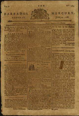 cover page of Barbados Mercury published on June 24, 1788
