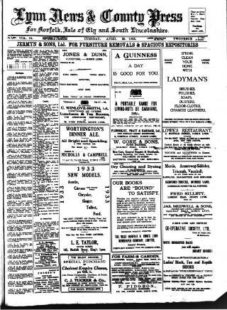 cover page of Lynn News & County Press published on April 25, 1933
