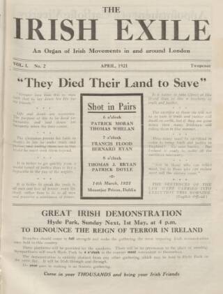 cover page of Irish Exile published on April 1, 1921