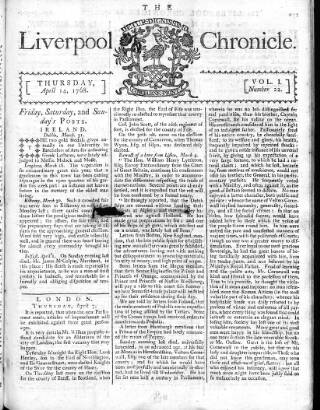 cover page of Liverpool Chronicle 1767 published on April 14, 1768