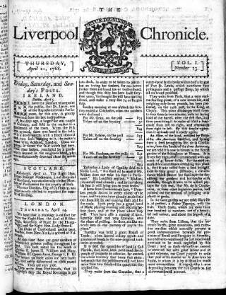 cover page of Liverpool Chronicle 1767 published on April 21, 1768