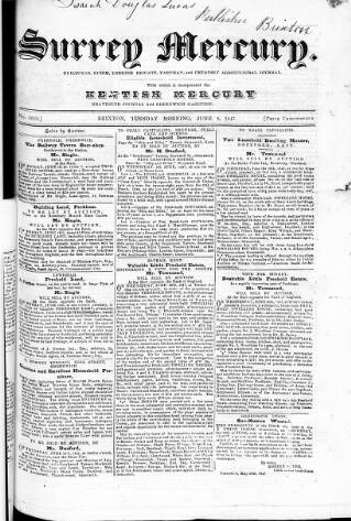 cover page of Surrey Mercury published on June 8, 1847
