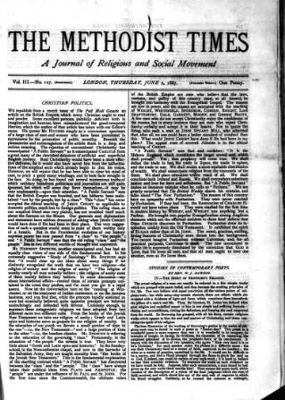 cover page of Methodist Times published on June 2, 1887