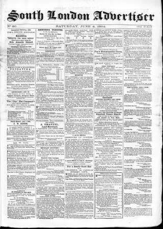 cover page of South London Advertiser published on June 4, 1864