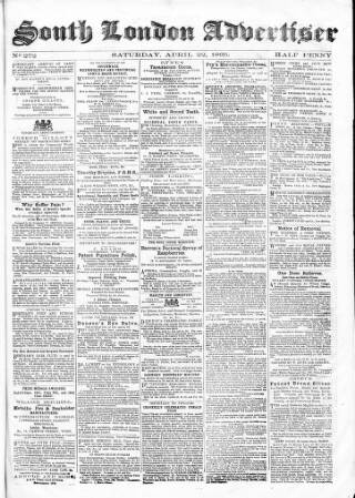 cover page of South London Advertiser published on April 22, 1865