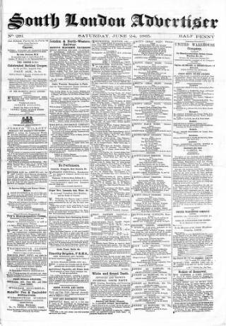 cover page of South London Advertiser published on June 24, 1865