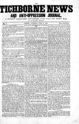 cover page of Tichborne News and Anti-Oppression Journal published on June 15, 1872