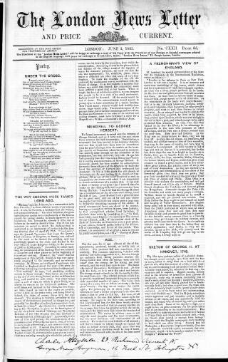 cover page of London News Letter and Price Current published on June 2, 1862