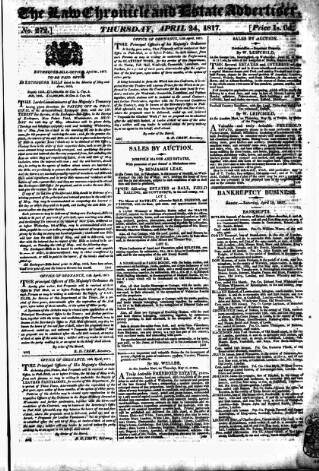 cover page of Law Chronicle, Commercial and Bankruptcy Register published on April 24, 1817